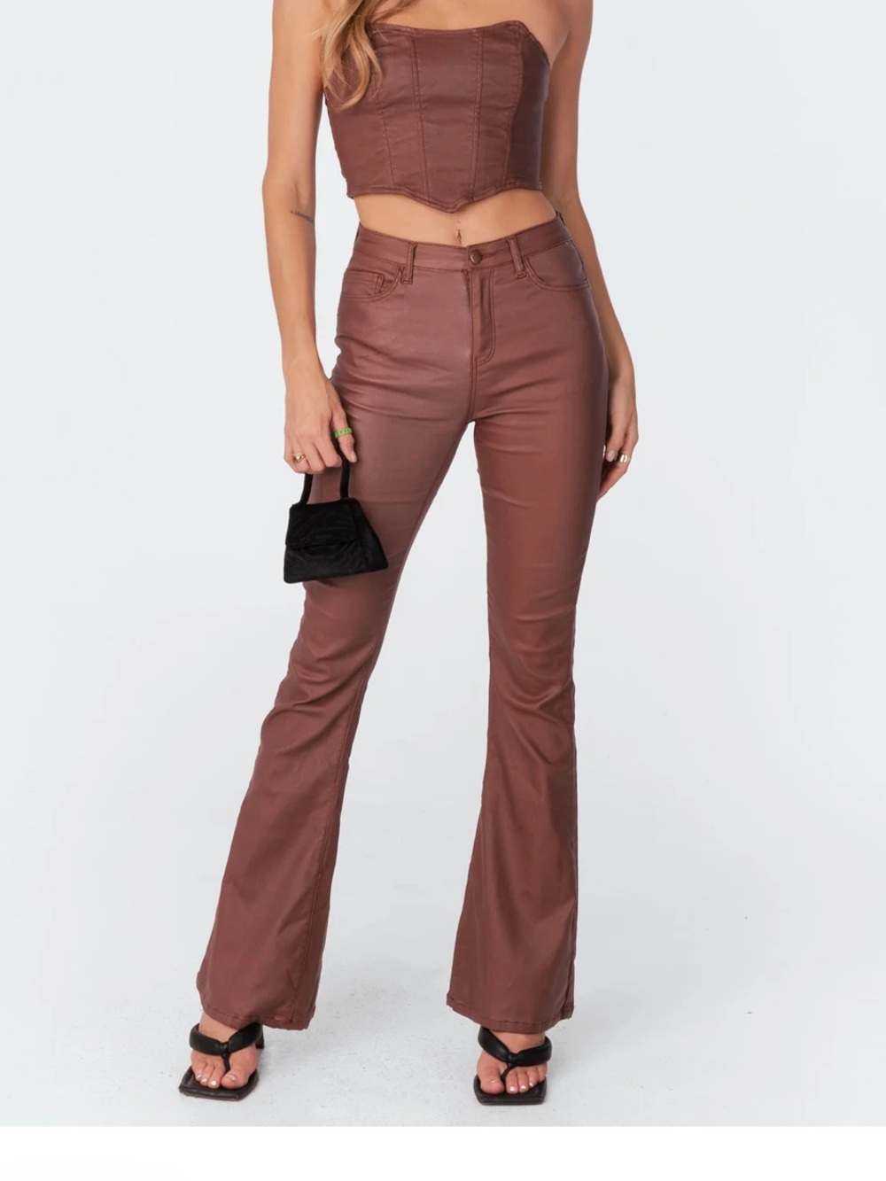 Edikted Luna Faux Leather Flare Jeans in Brown